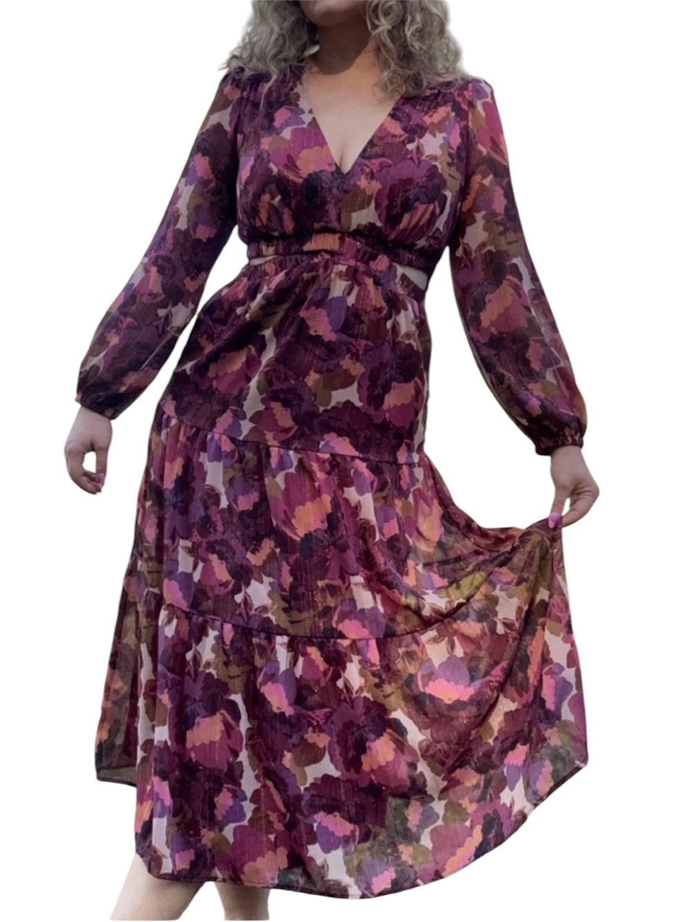 Sofia Vergara Tiered A-Line Midi Dress Cutouts purple floral XL autumn vibes